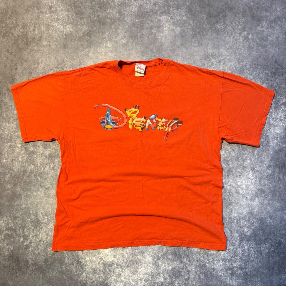 Vintage Disney Orange Graphic T Shirt Mens XL Sorcerer Mickey Pluto Donald Duck